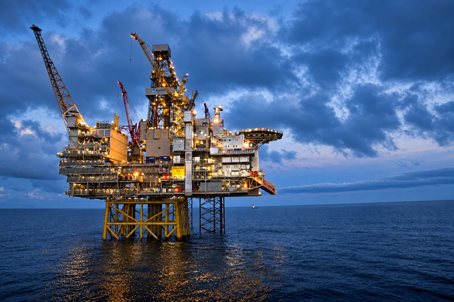 Offshore oil and gas production platform lit up at dusk, standing in open sea