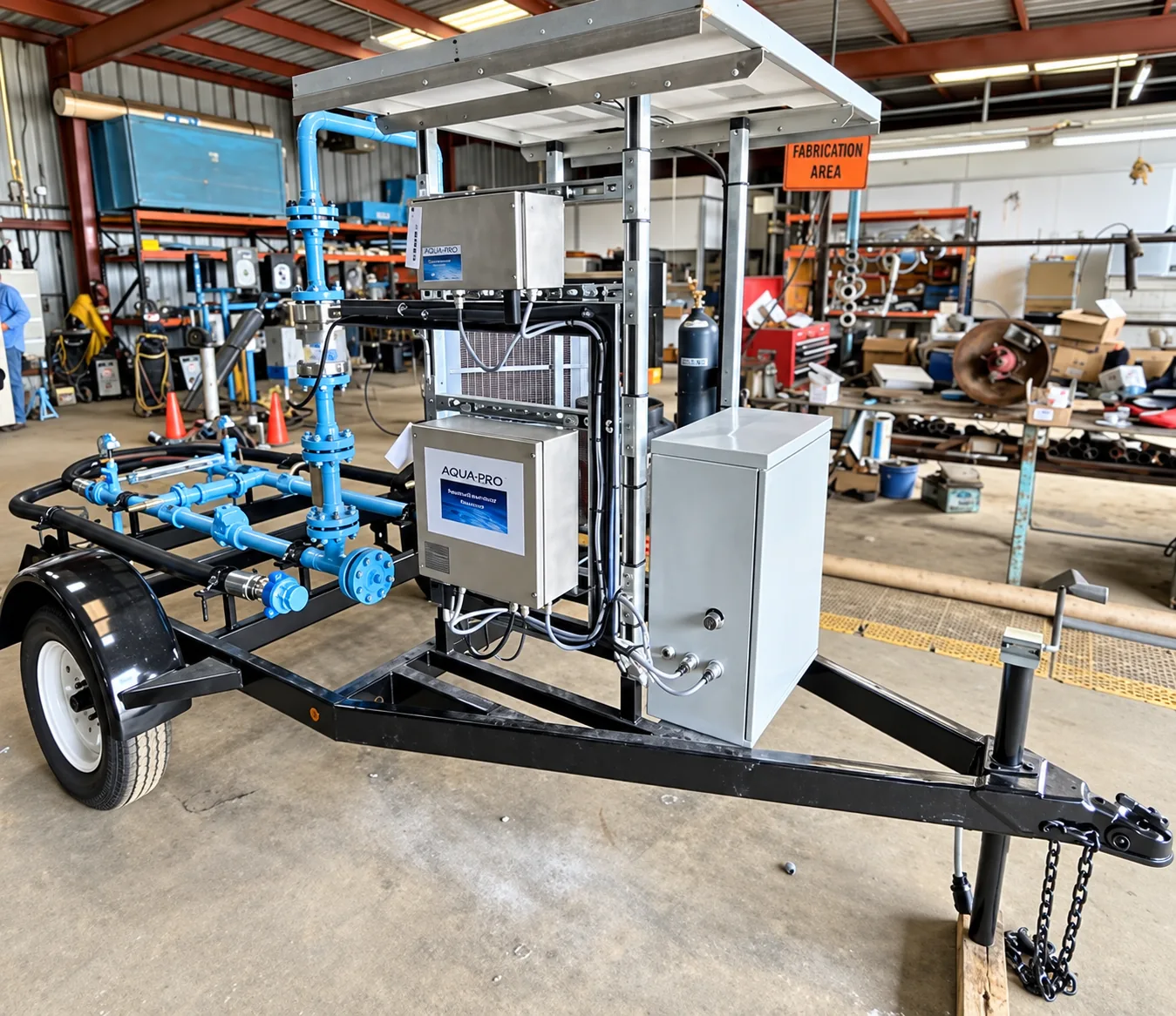 AQUA-PRO trailer-mounted water treatment unit under construction in a fabrication workshop